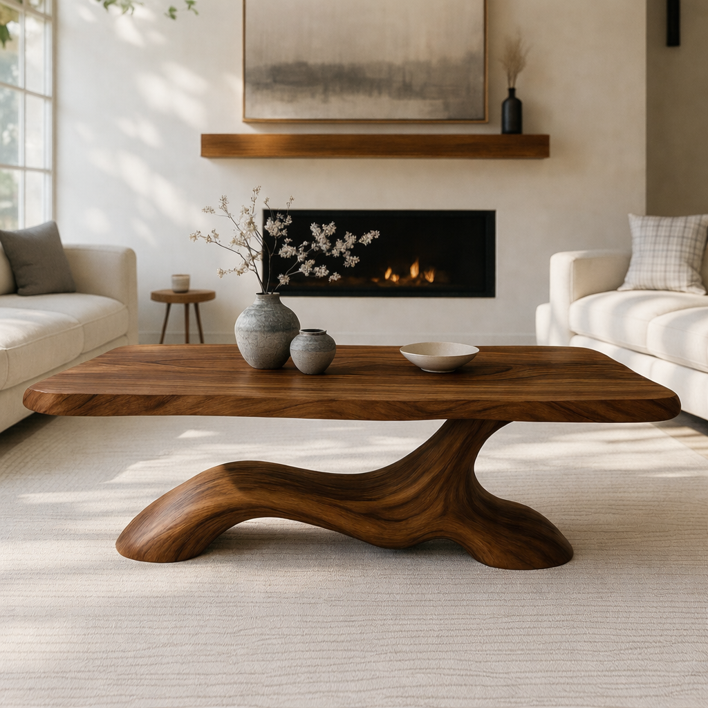 Solid Wood Coffee Table Modern Sculptural Base Natural Wood Design