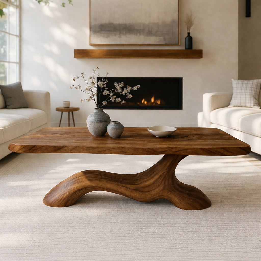 Solid Wood Coffee Table Modern Sculptural Base Natural Wood Design