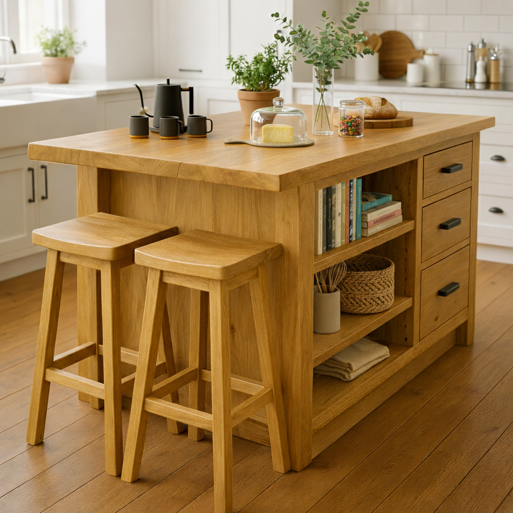 Live Edge Solid Wood Kitchen Island with Drawers - Rustic Farmhouse Butcher Block Prep Station