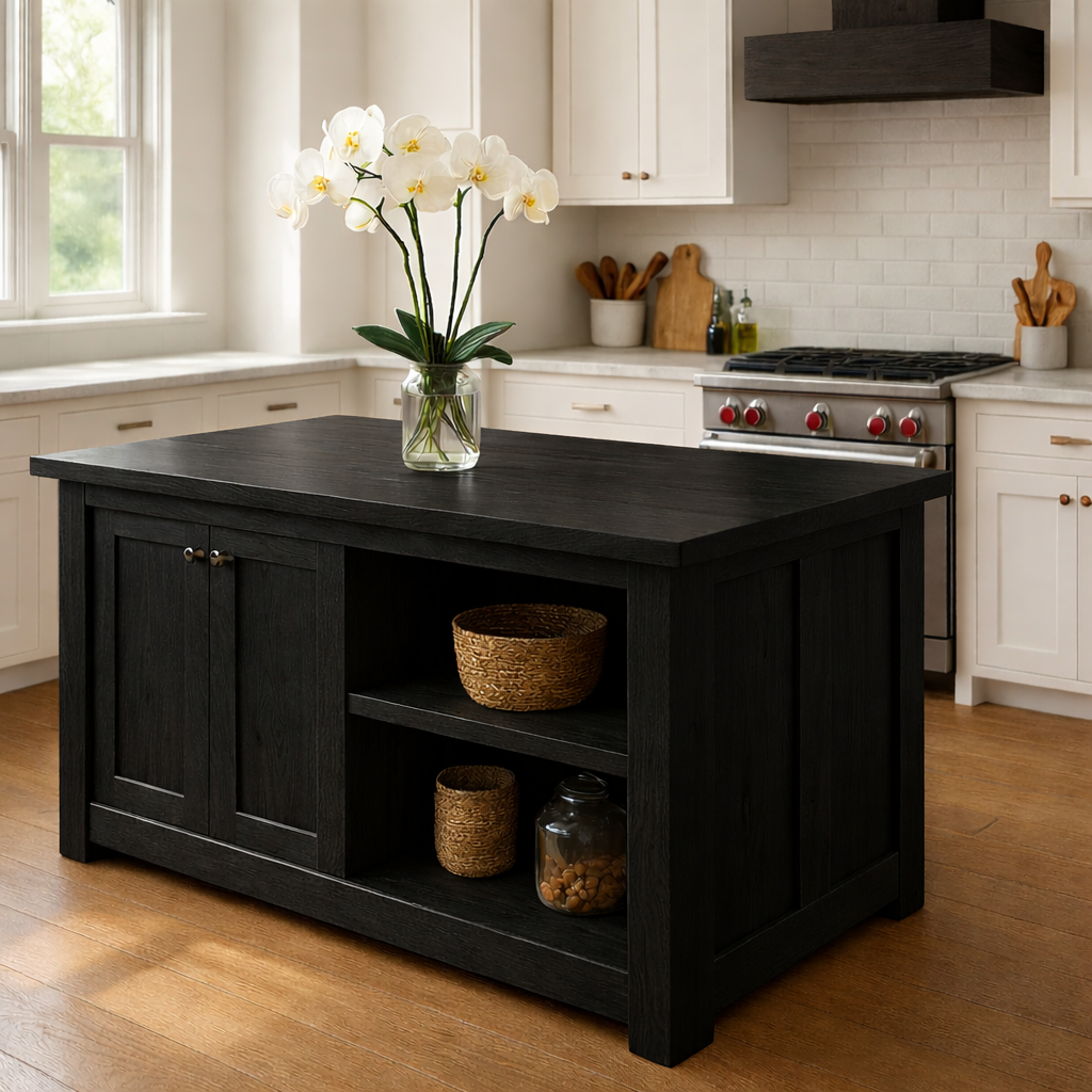 Live Edge Solid Wood Kitchen Island - Rustic Farmhouse Butcher Block Prep Table with Storage