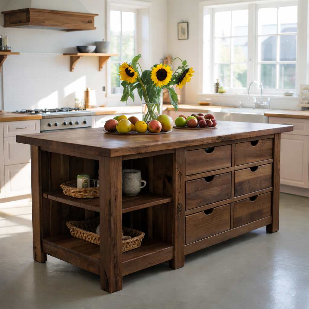 Live Edge Solid Wood Kitchen Island - Rustic Farmhouse Butcher Block Prep Table with Storage