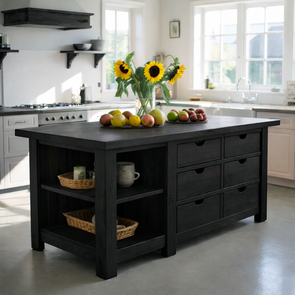 Live Edge Solid Wood Kitchen Island - Rustic Farmhouse Butcher Block Prep Table with Storage