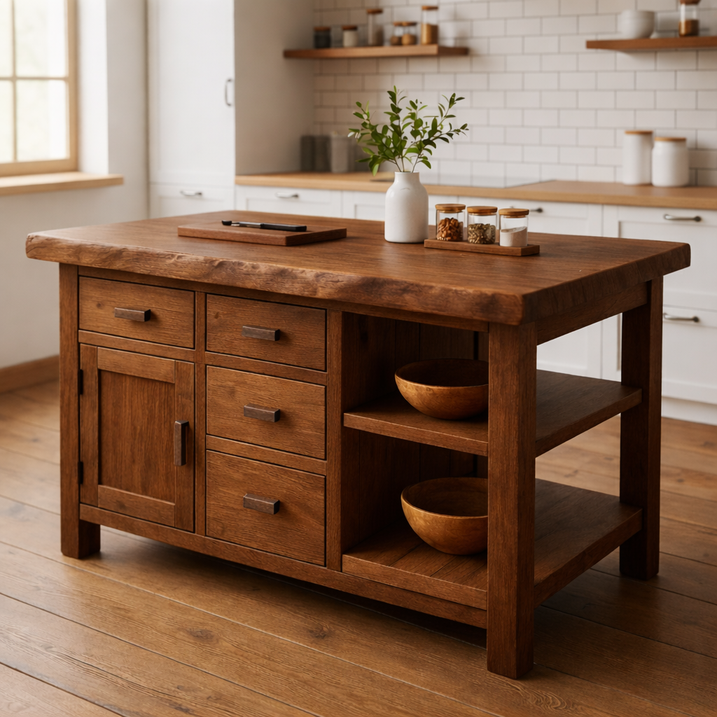 Rustic Solid Wood Kitchen Island with Storage Drawers and Open Shelving