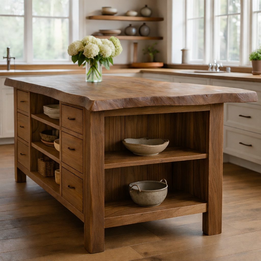 Rustic Solid Wood Kitchen Island with Live Edge Top, Storage Drawers & Open Shelving