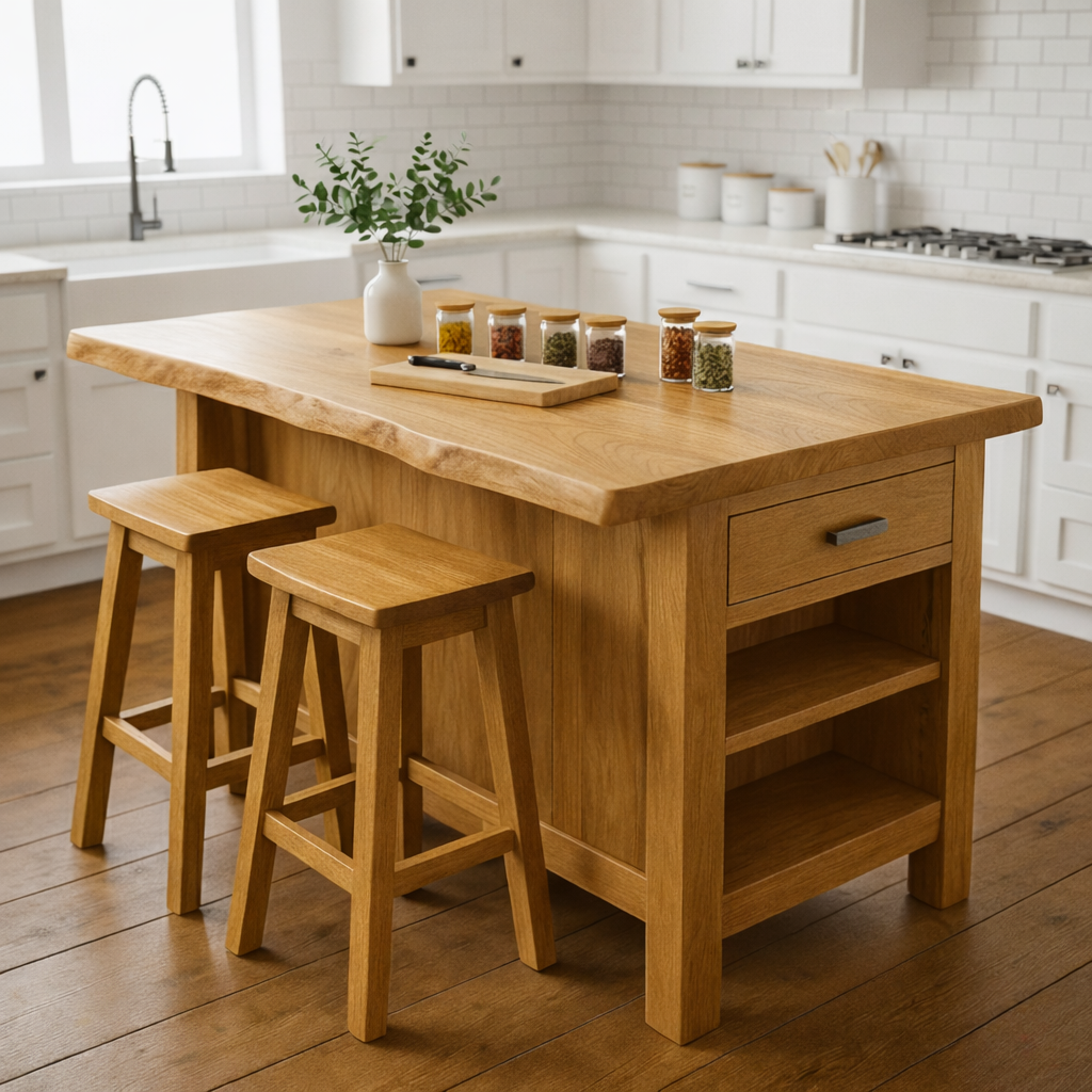 Solid Wood Kitchen Island with Seating, Drawer & Open Shelves – Rustic Modern