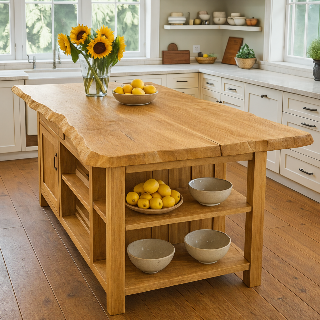 Live Edge Solid Wood Kitchen Island with Storage Shelves – Rustic Farmhouse