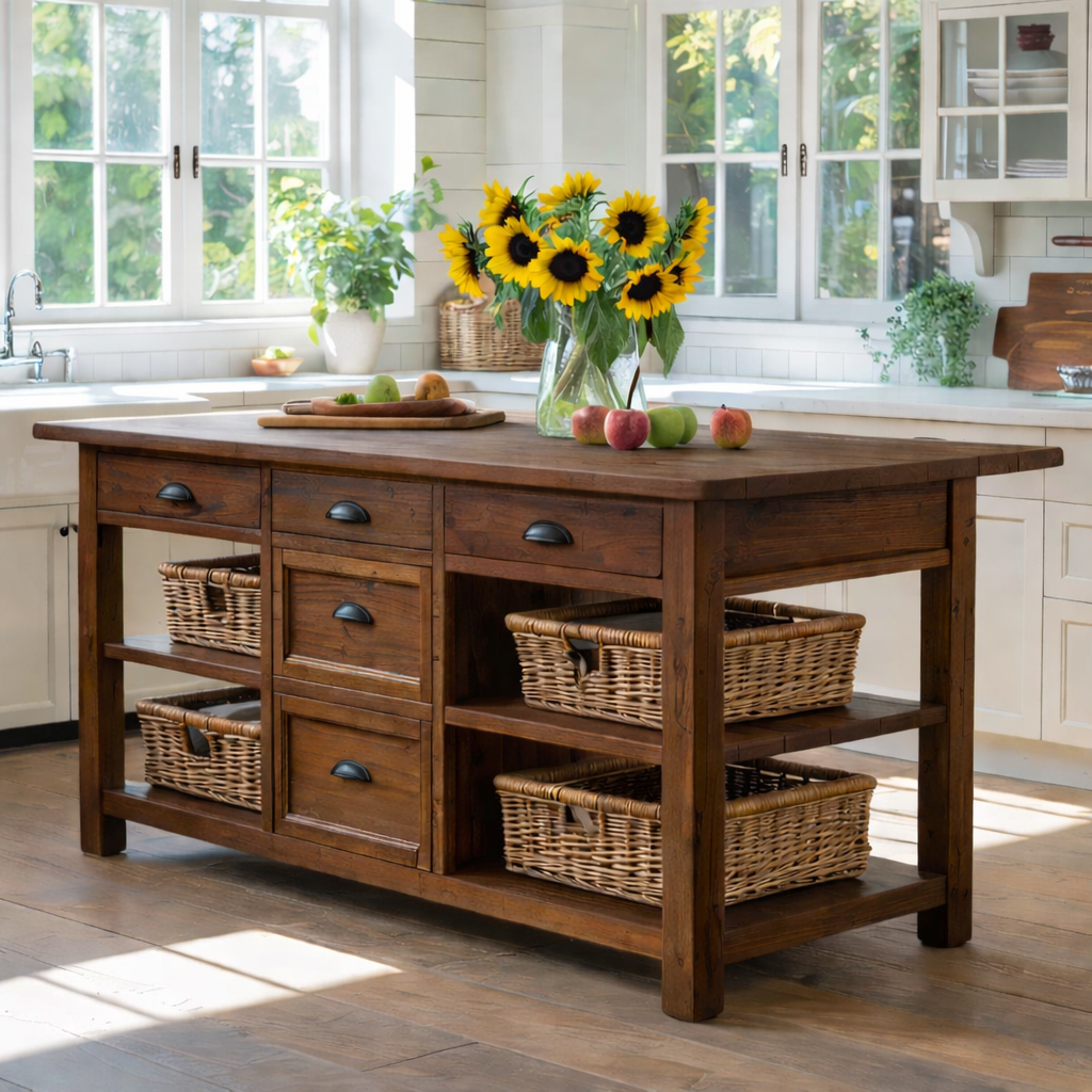 Solid Wood Kitchen Island with Drawers & Basket Storage – Farmhouse Prep Table