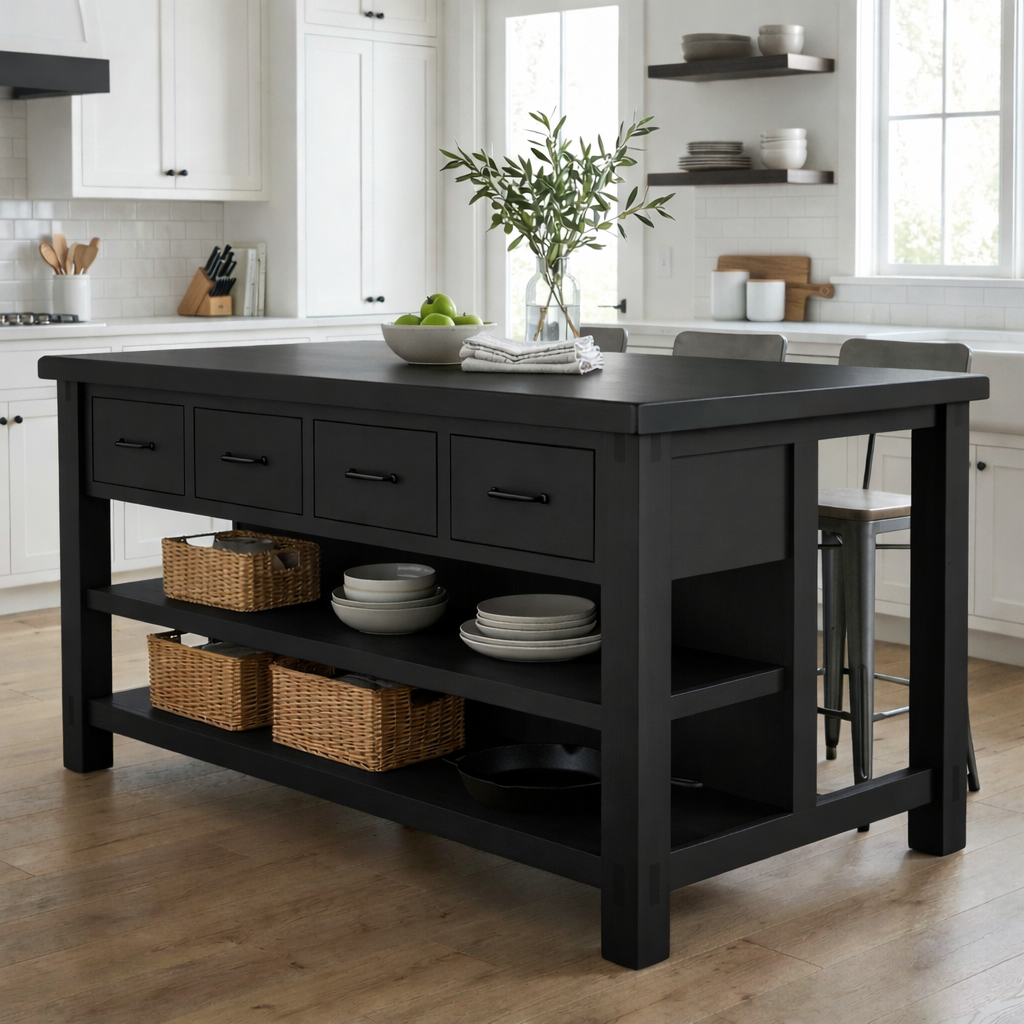 Solid Wood Kitchen Island with Drawers and Open Shelves – Farmhouse Butcher Block Prep Table