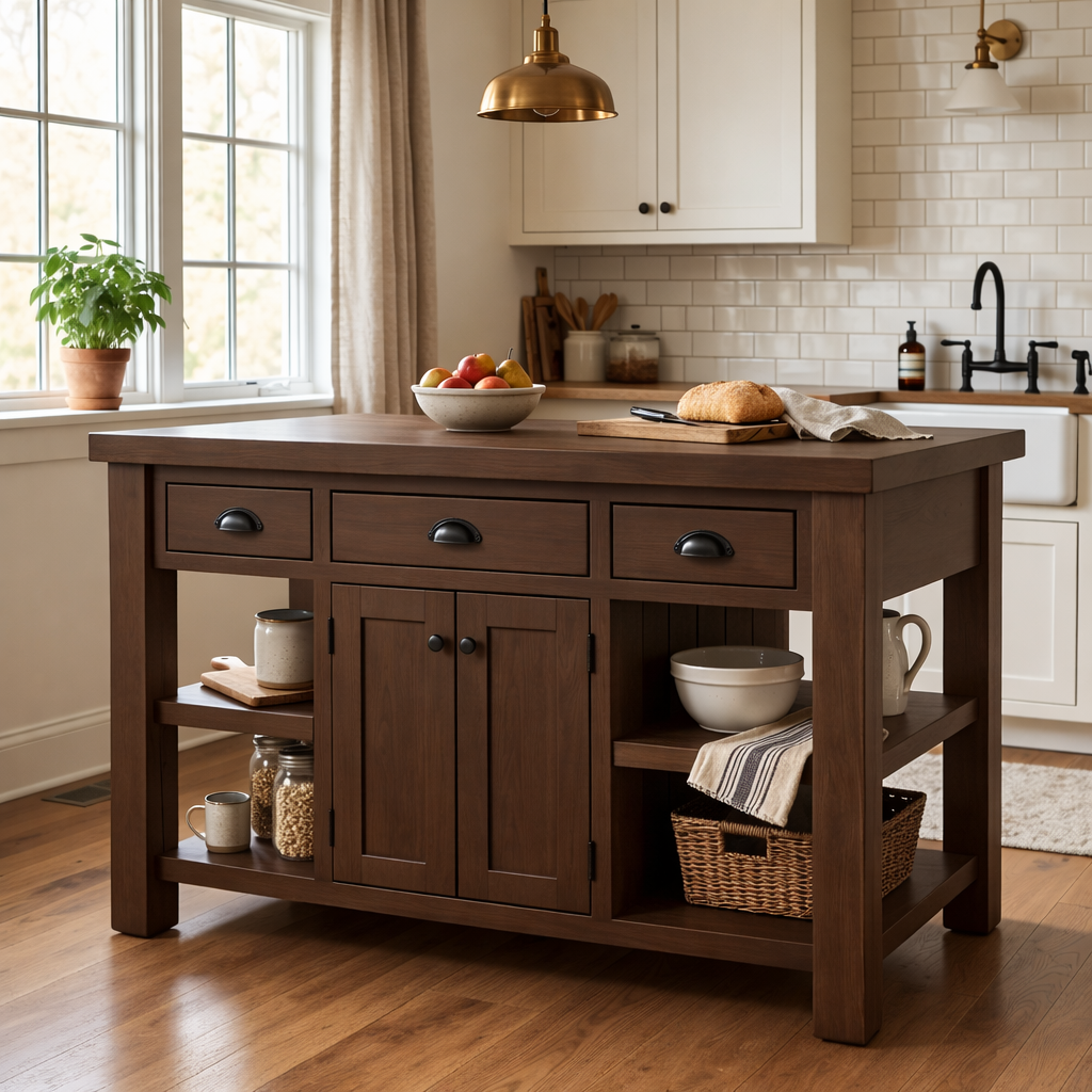 Farmhouse Solid Wood Kitchen Island with Drawers, Cabinet and Shelves – Prep Table