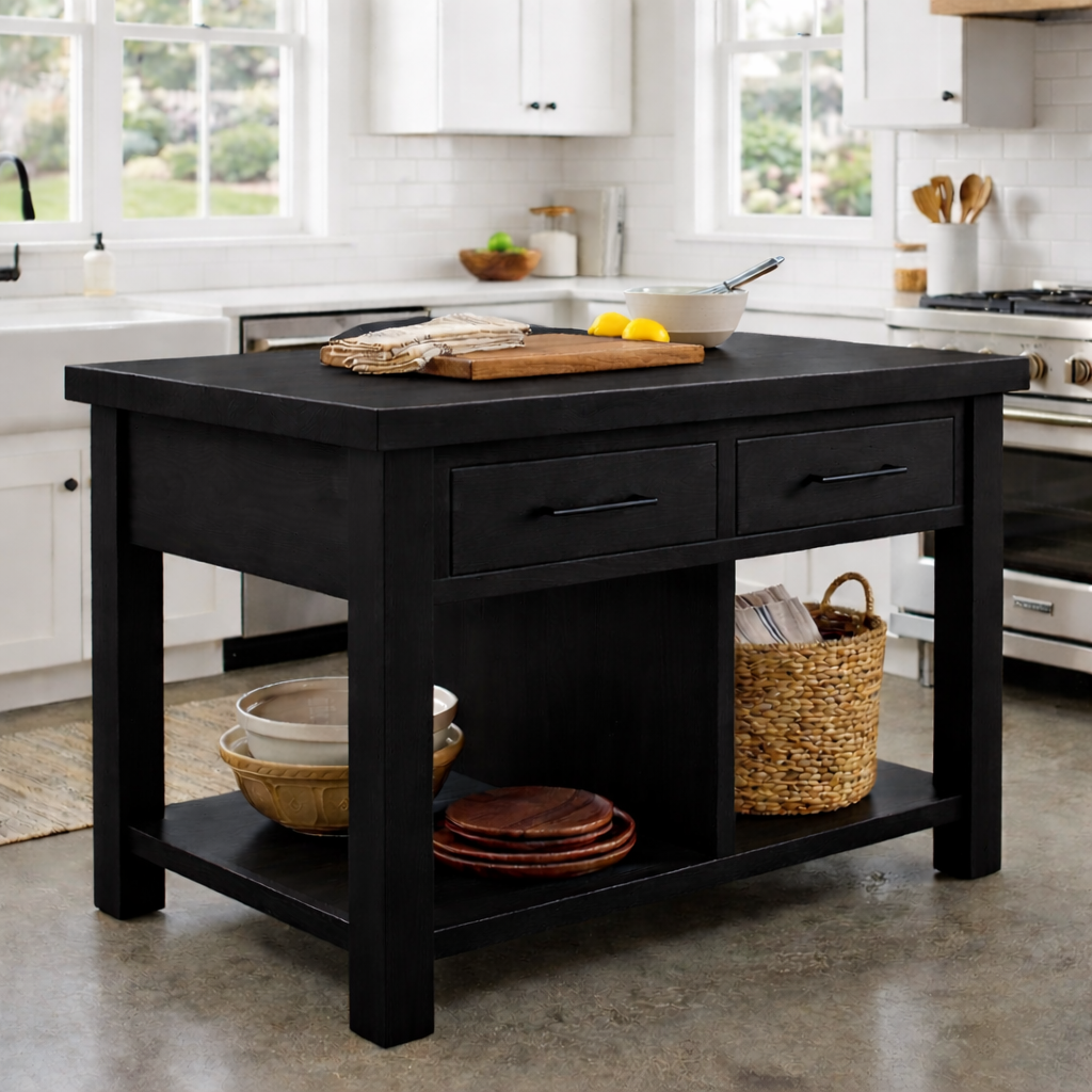 Solid Wood Kitchen Island with 2 Drawers and Open Shelf – Farmhouse Prep Table