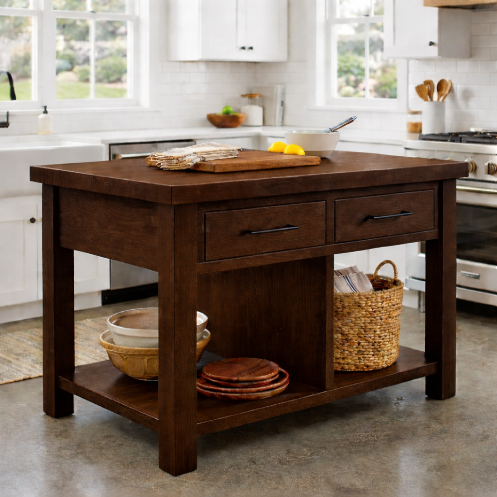 Solid Wood Kitchen Island with 2 Drawers and Open Shelf – Farmhouse Prep Table