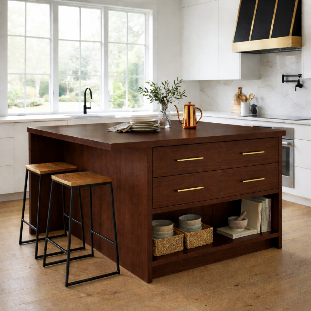 Solid Wood Kitchen Island with Overhang, 4 Drawers and Open Shelf Storage
