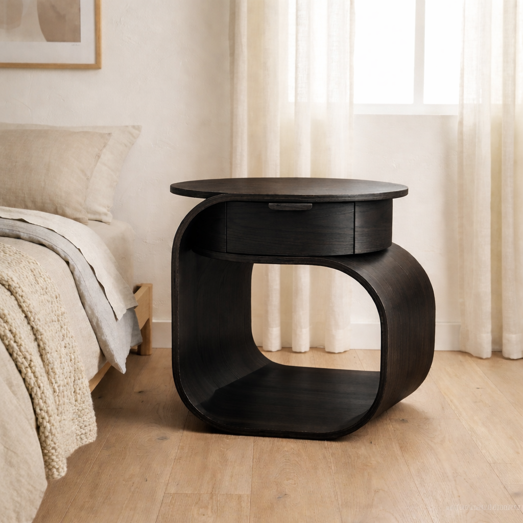 Solid Wood Nightstand with Built-in Cat Bed – Modern Curved Pet Friendly Bedside Table
