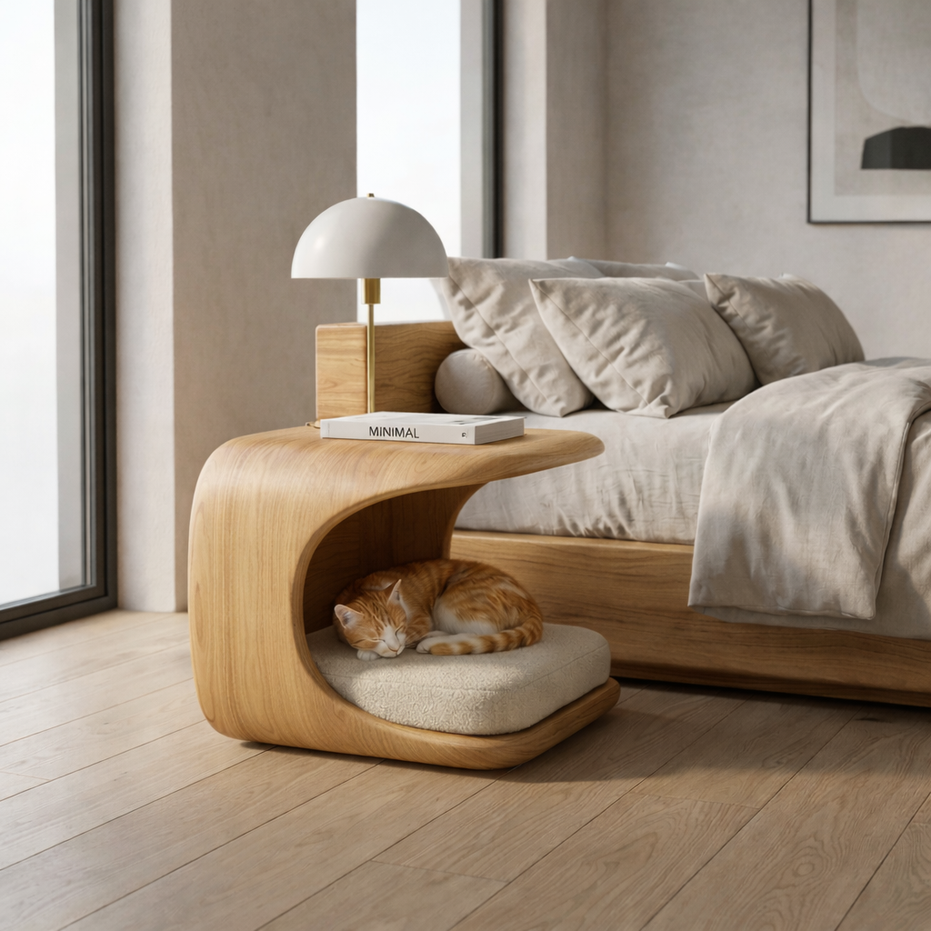 Solid Wood Nightstand with Built-in Pet Bed – Modern Curved Bedside Table for Cats