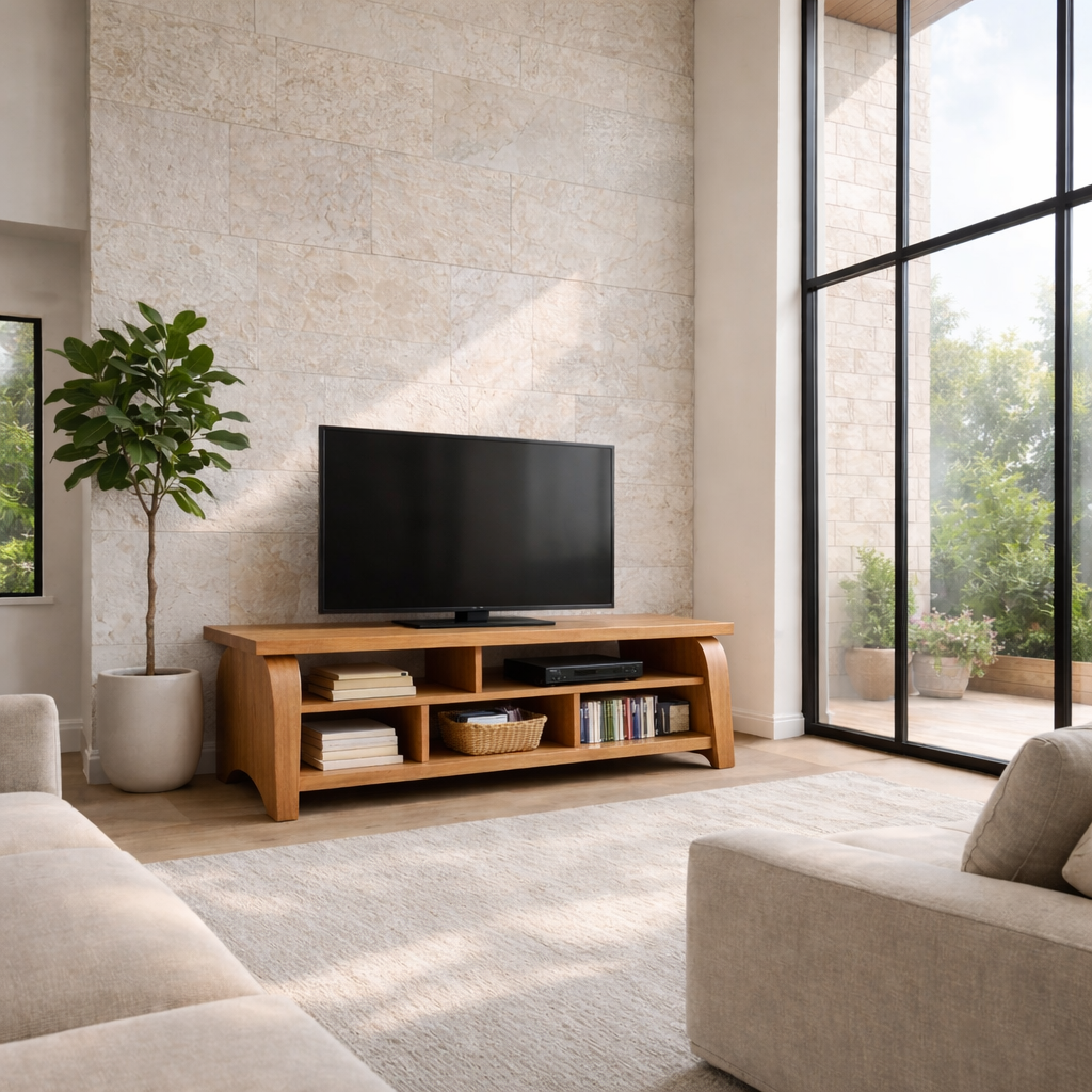 Solid Wood TV Stand with Curved Side Panels – Modern Open Shelf Media Console