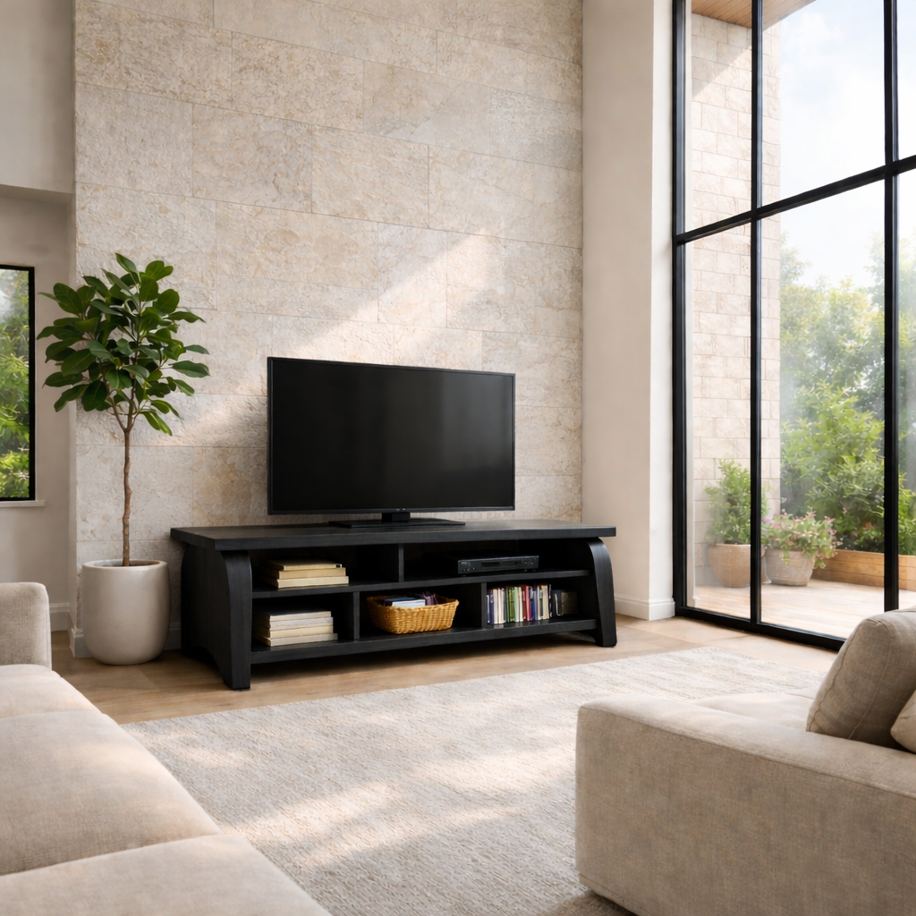 Solid Wood TV Stand with Curved Side Panels – Modern Open Shelf Media Console