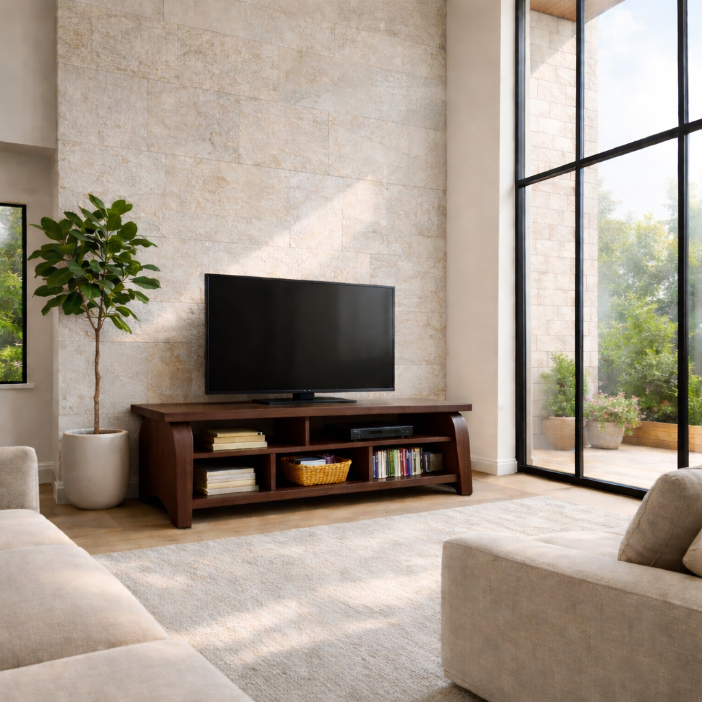 Solid Wood TV Stand with Curved Side Panels – Modern Open Shelf Media Console