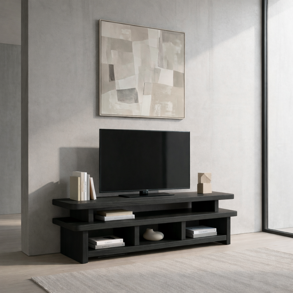 Solid Wood TV Stand with Open Shelves – Modern Low Profile Media Console