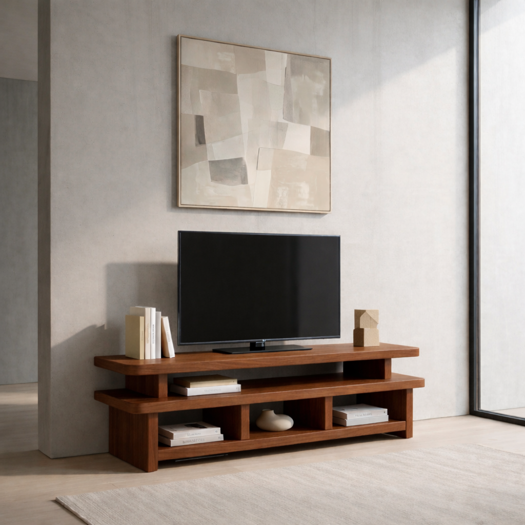 Solid Wood TV Stand with Open Shelves – Modern Low Profile Media Console