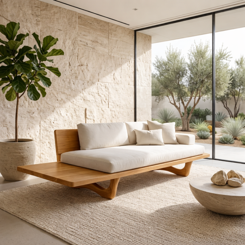 Solid Wood Platform Sofa Frame with Curved Base – Modern Minimalist Wood Sofa