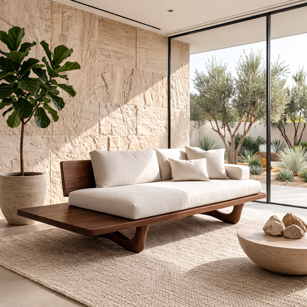Solid Wood Platform Sofa Frame with Curved Base – Modern Minimalist Wood Sofa
