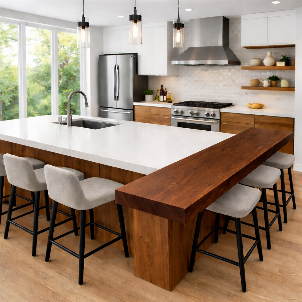Solid Wood Kitchen Countertop with Overhang – Island Bar Top for Modern Kitchen Seating