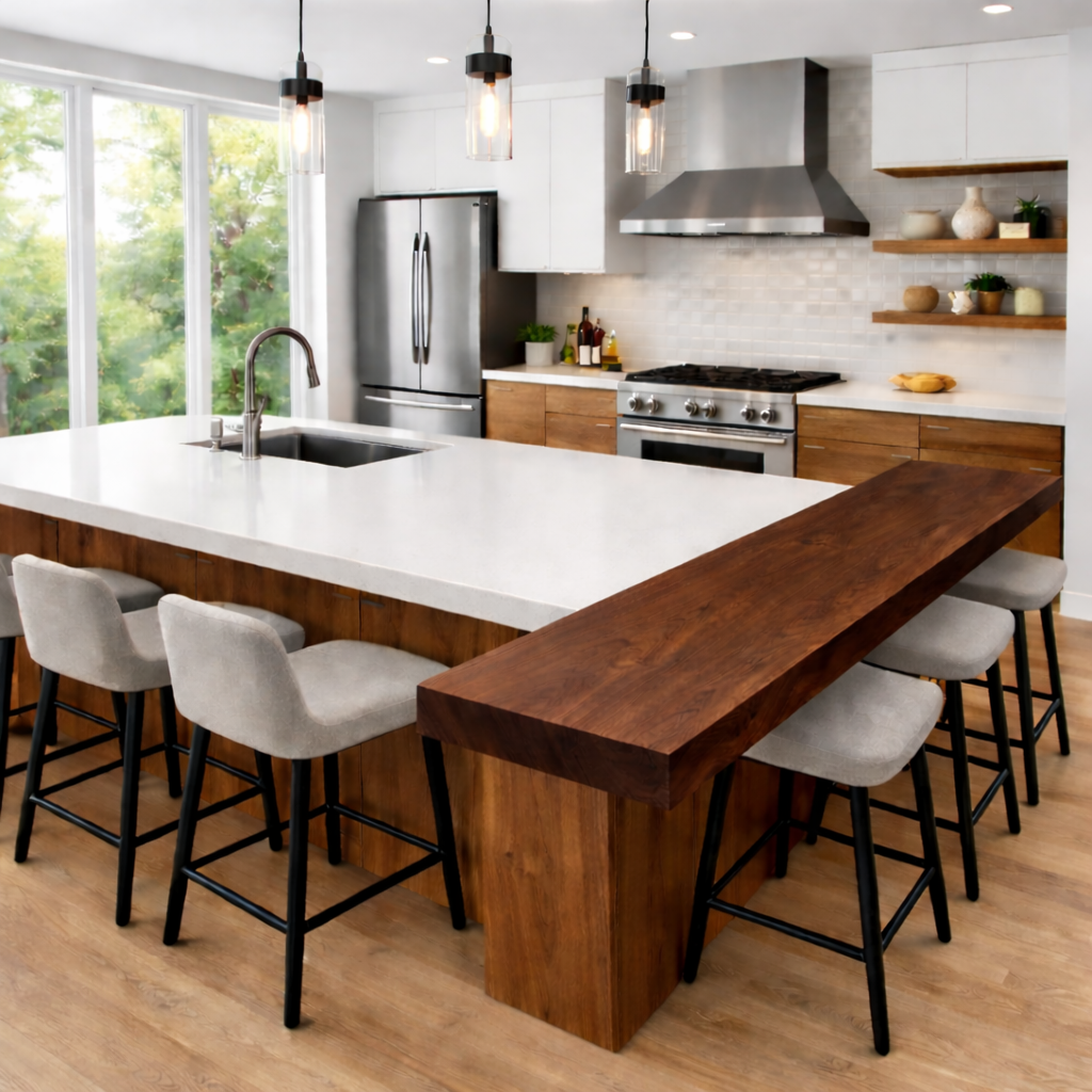 Solid Wood Kitchen Countertop with Overhang – Island Bar Top for Modern Kitchen Seating