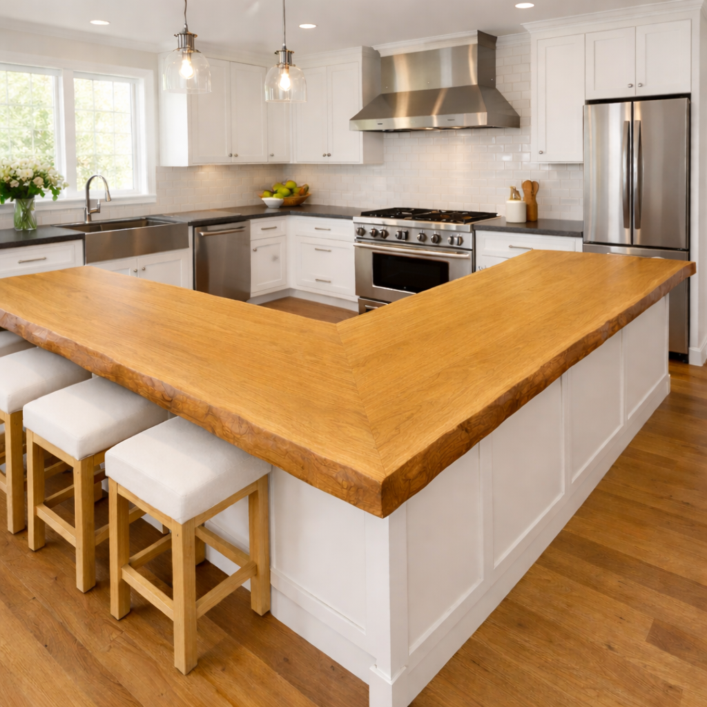 Solid Wood Live Edge Kitchen Countertop – L-Shaped Island Bar Top