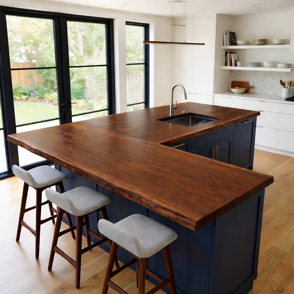 Solid Wood L-Shape Kitchen Countertop – Live Edge Island Bar Top with Seating Overhang