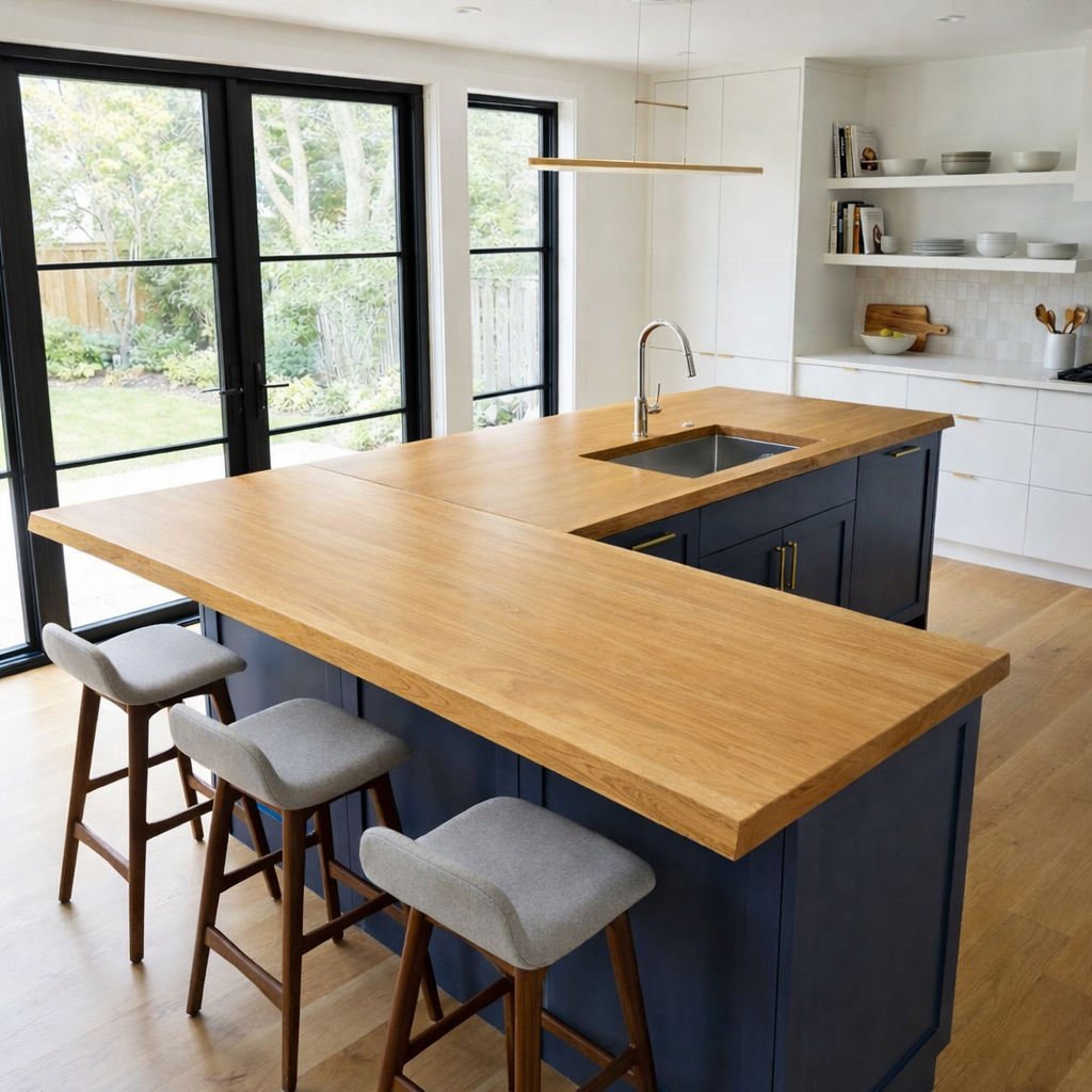 Solid Wood L-Shape Kitchen Countertop – Live Edge Island Bar Top with Seating Overhang