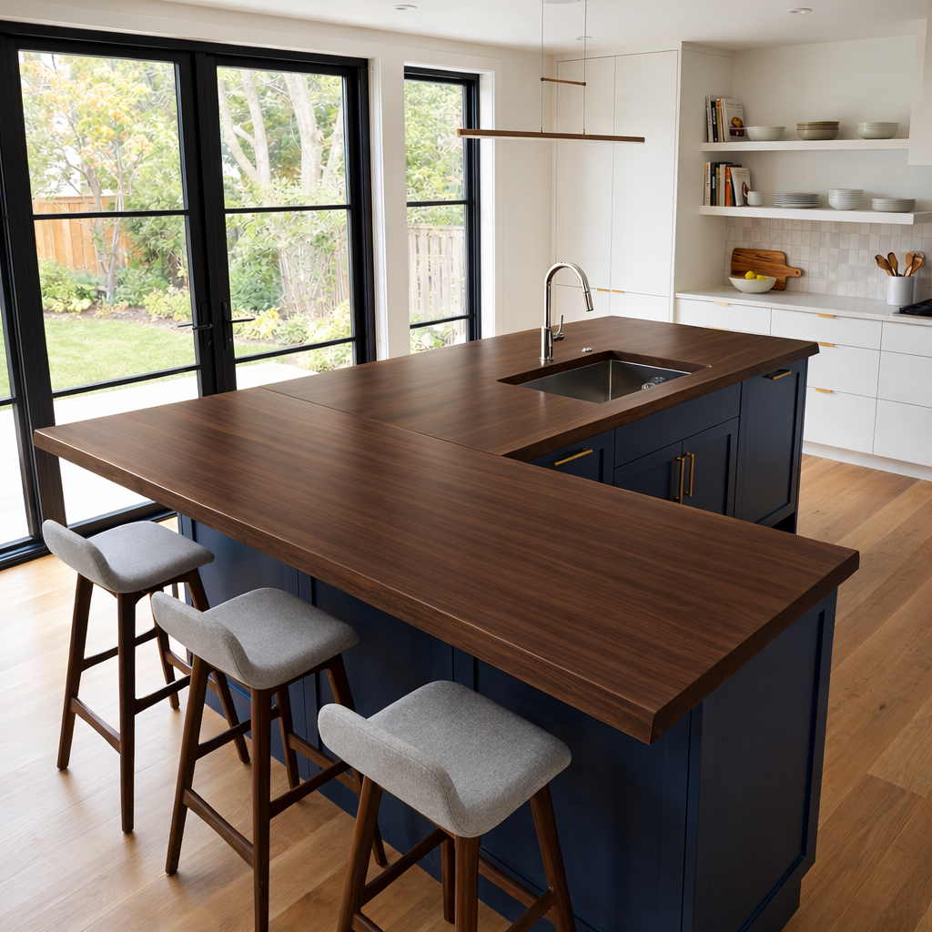 Solid Wood L-Shape Kitchen Countertop – Live Edge Island Bar Top with Seating Overhang