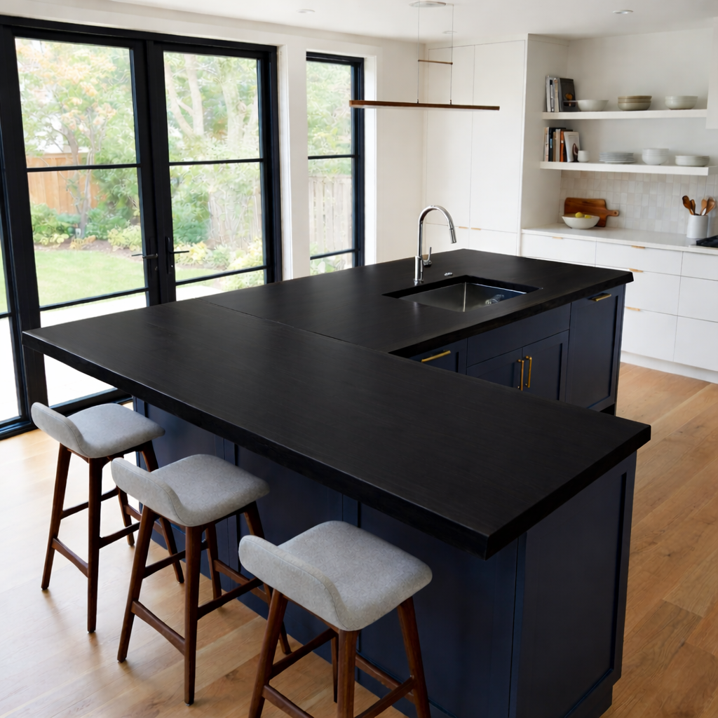Solid Wood L-Shape Kitchen Countertop – Live Edge Island Bar Top with Seating Overhang