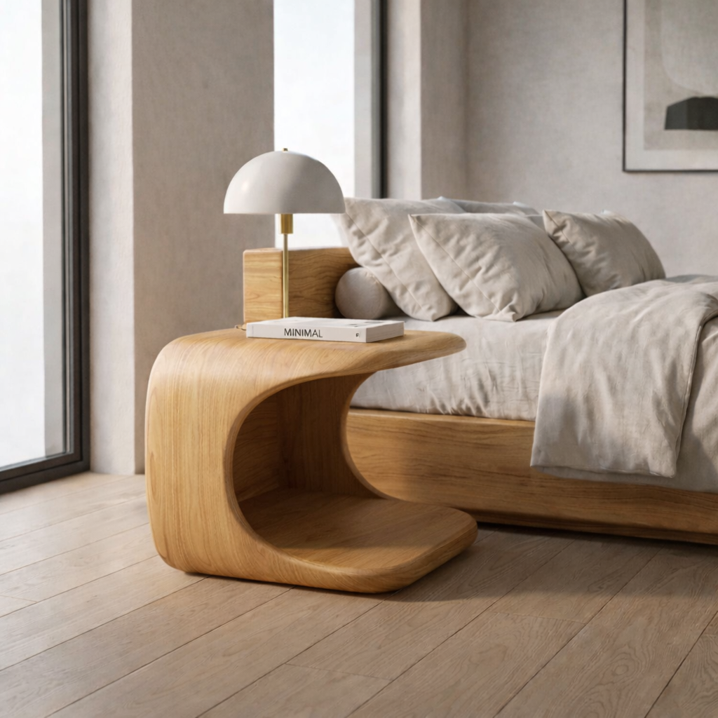 Solid Wood Nightstand with Built-in Pet Bed – Modern Curved Bedside Table for Cats