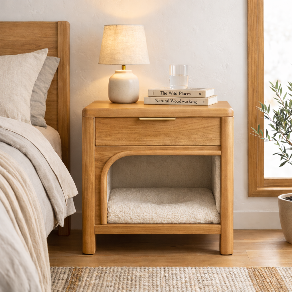Solid Wood Nightstand with Built-in Cat Bed – Modern Bedside Table with Pet Sleeping Space