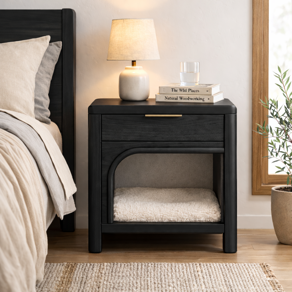 Solid Wood Nightstand with Built-in Cat Bed – Modern Bedside Table with Pet Sleeping Space