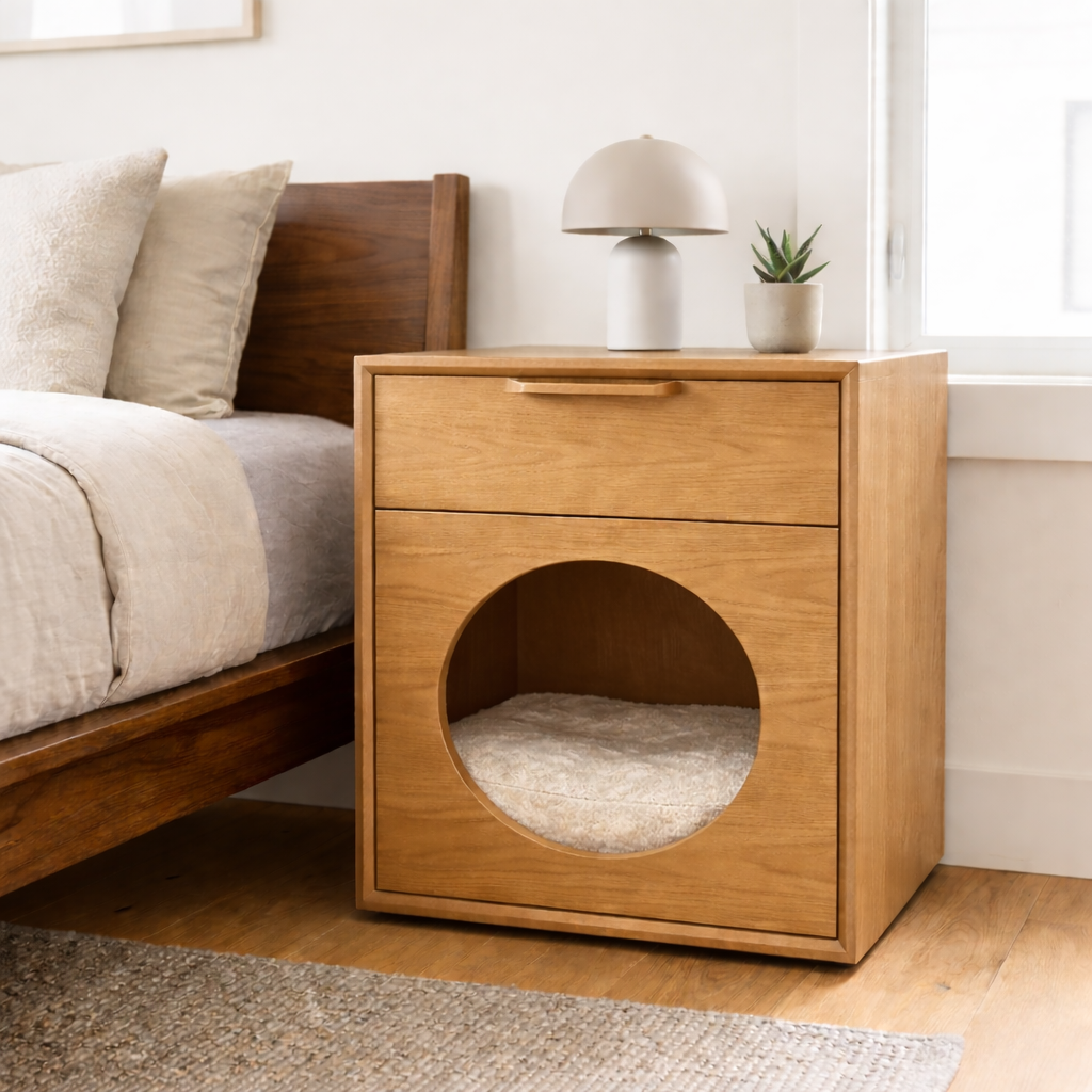 Solid Wood Nightstand with Built-in Cat Bed – Modern Bedside Table with Pet House