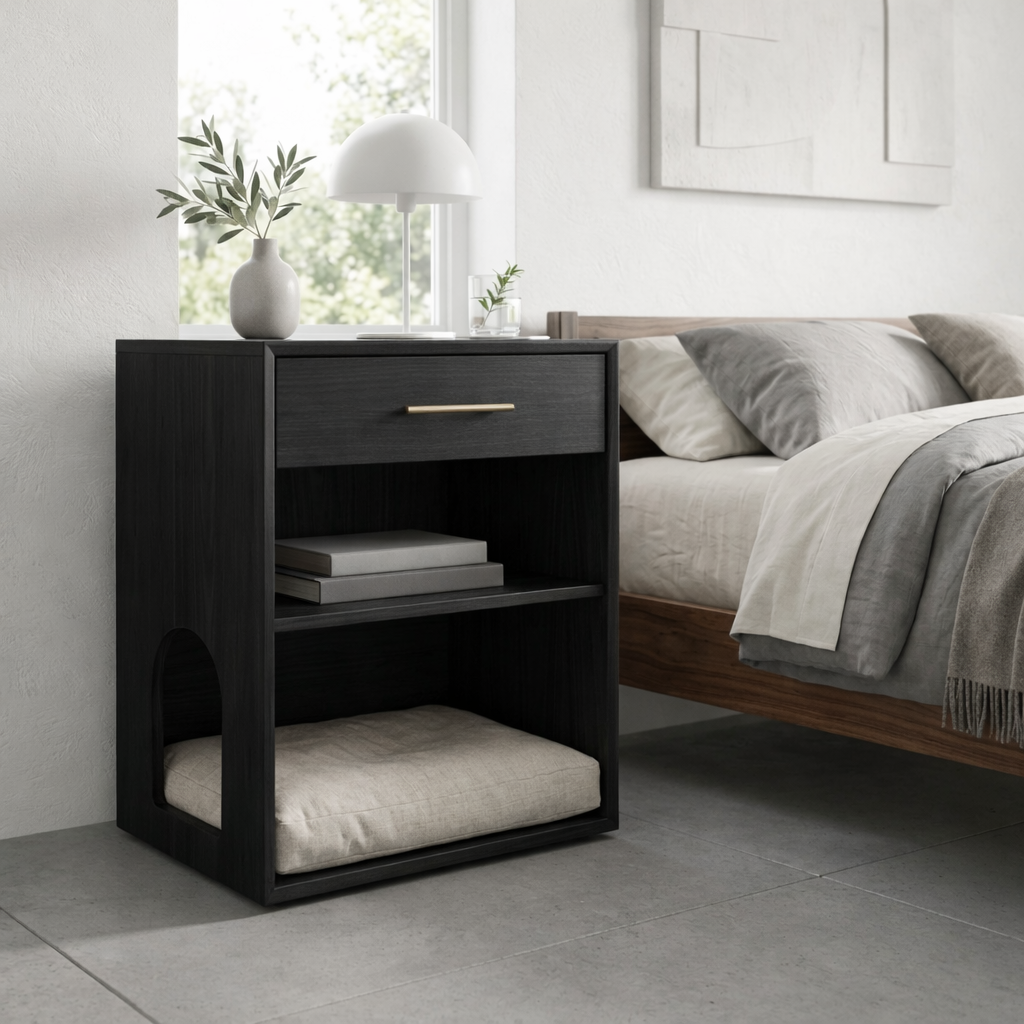 Solid Wood Bedside Table with Cat Sleeping Nook – Modern Nightstand with Drawer & Shelf