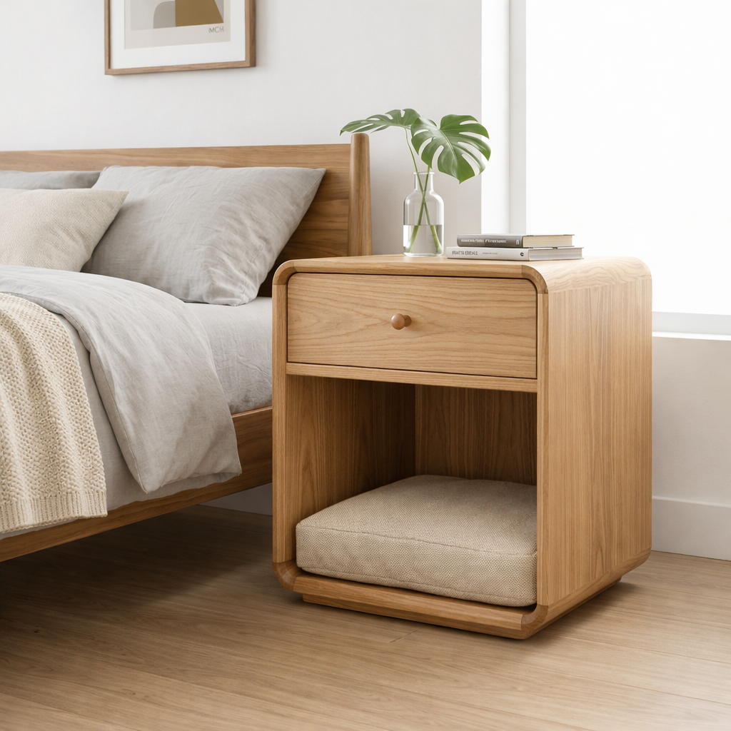 Solid Wood Nightstand with Pet Bed Space – Modern Bedside Table with Drawer