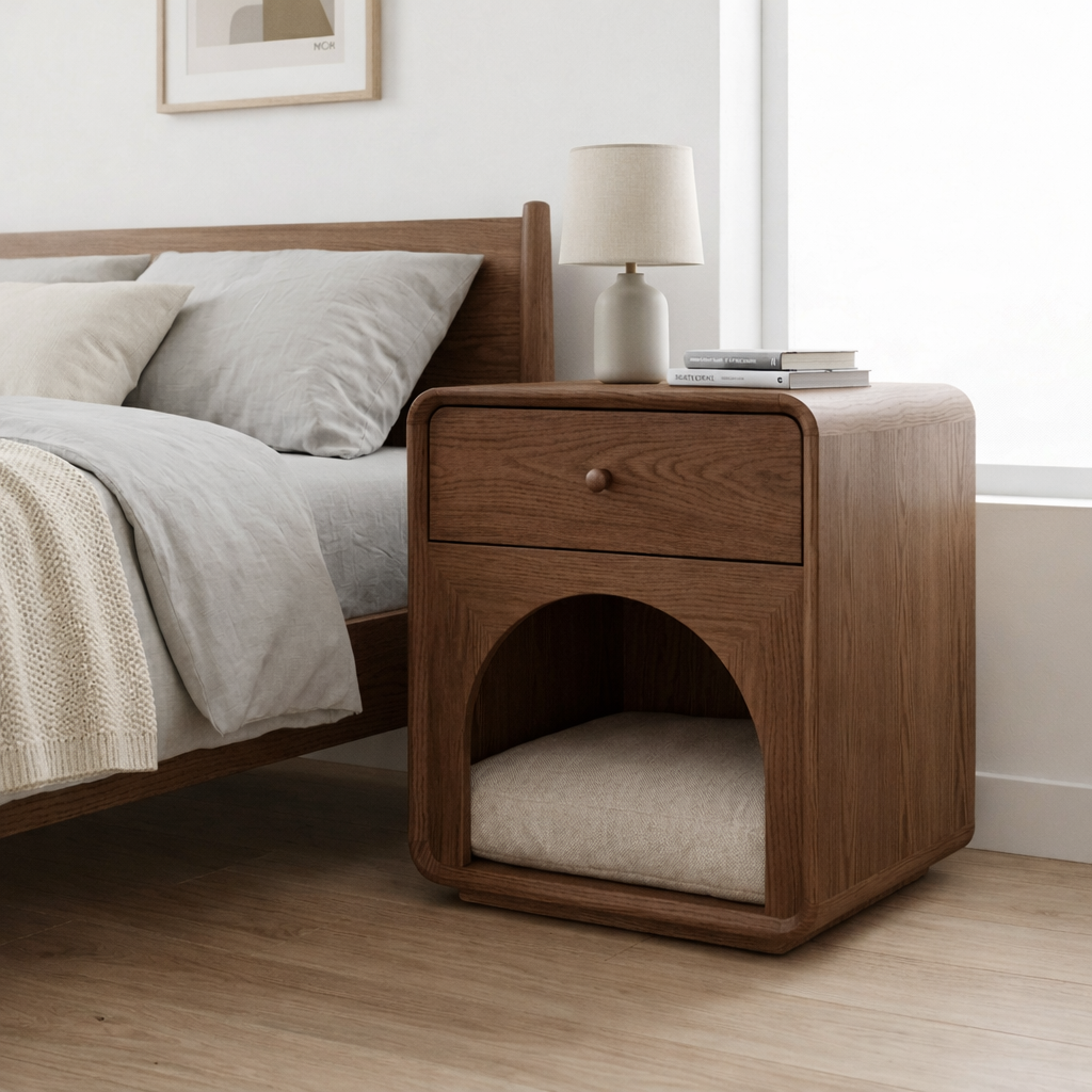 Solid Wood Nightstand with Cat Bed Nook – Modern Bedside Table with Drawer