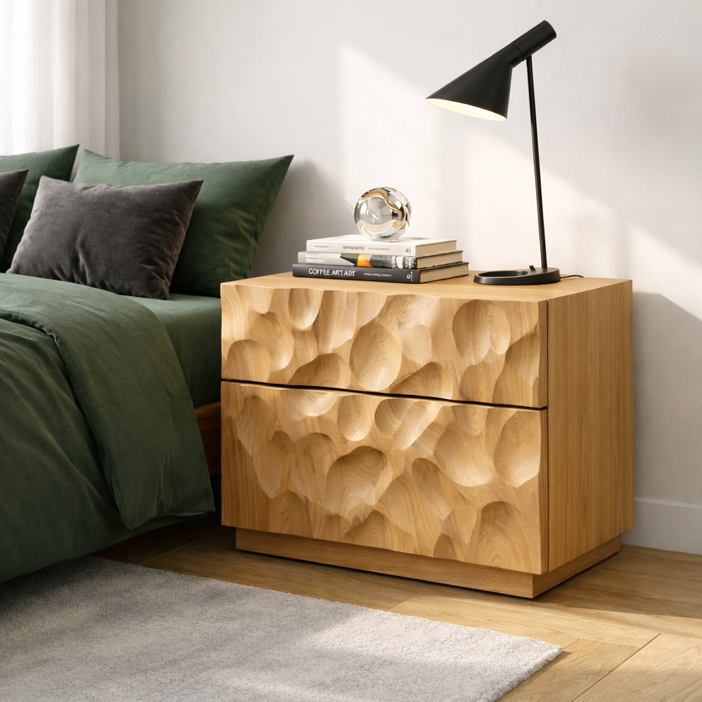 Solid Wood Nightstand with Hand-Carved Drawer Front – Modern Sculptural Bedside Table