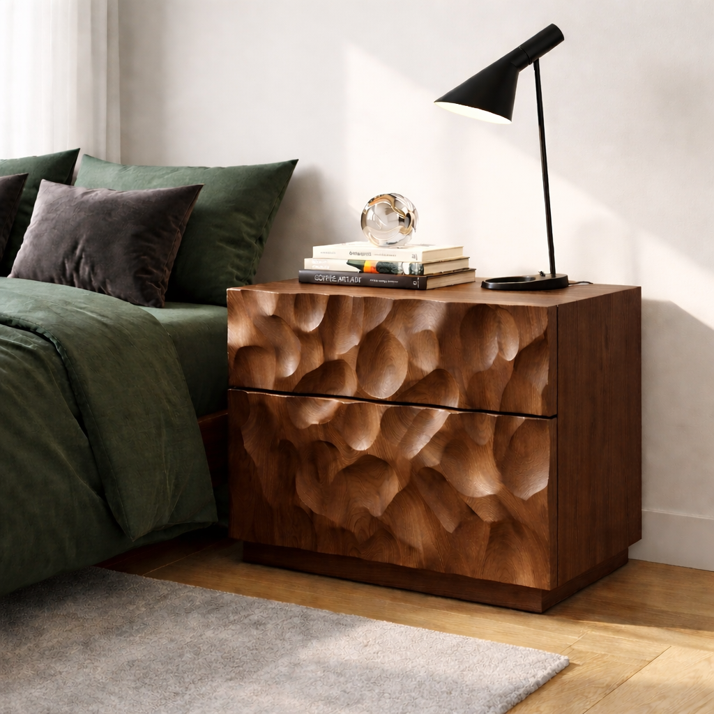 Solid Wood Nightstand with Hand-Carved Drawer Front – Modern Sculptural Bedside Table