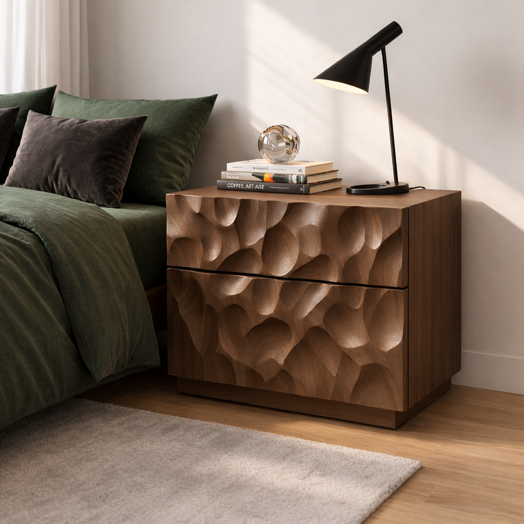 Solid Wood Nightstand with Hand-Carved Drawer Front – Modern Sculptural Bedside Table