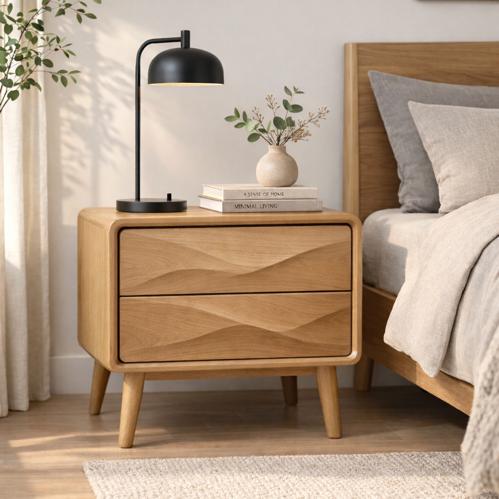 Mid-Century Solid Wood Nightstand with Wave Carved Drawers – Modern Bedside Table