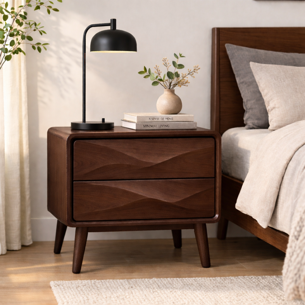 Mid-Century Solid Wood Nightstand with Wave Carved Drawers – Modern Bedside Table