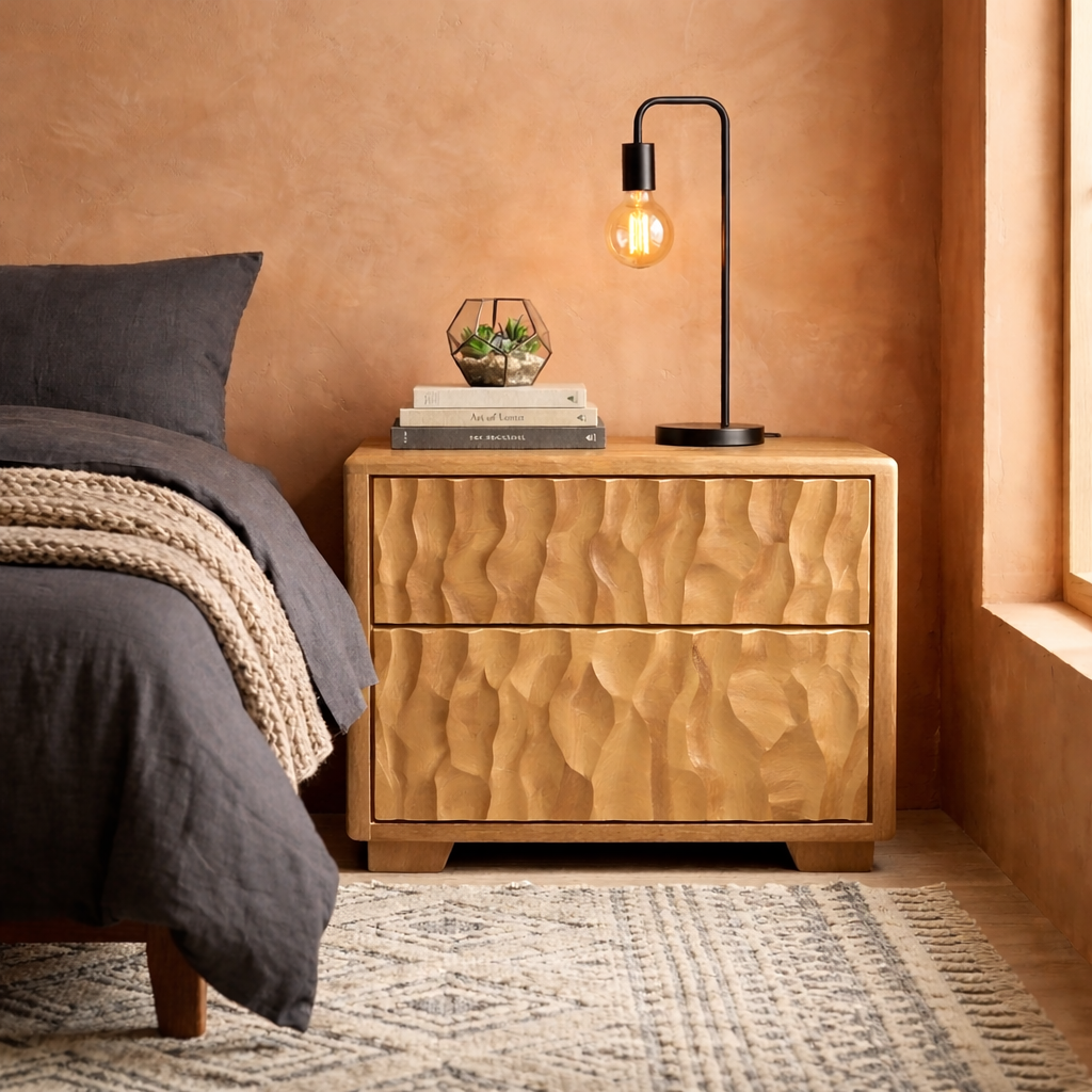 Solid Wood Nightstand with Textured Carved Drawers – Modern Rustic Bedside Table