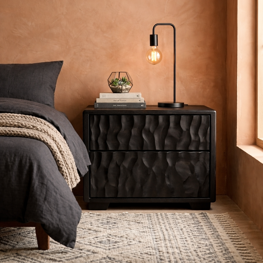 Solid Wood Nightstand with Textured Carved Drawers – Modern Rustic Bedside Table