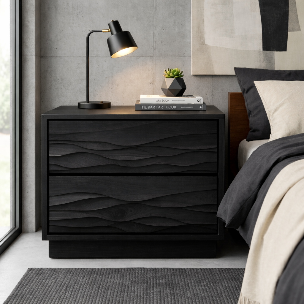 Solid Wood Nightstand with Wave Carved Drawers – Modern Rustic Bedside Table with Storage