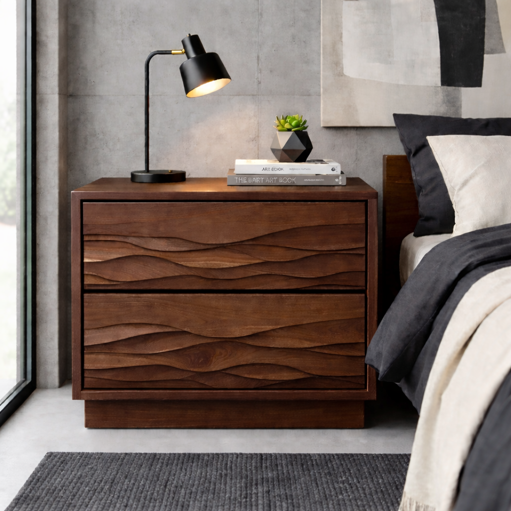 Solid Wood Nightstand with Wave Carved Drawers – Modern Rustic Bedside Table with Storage