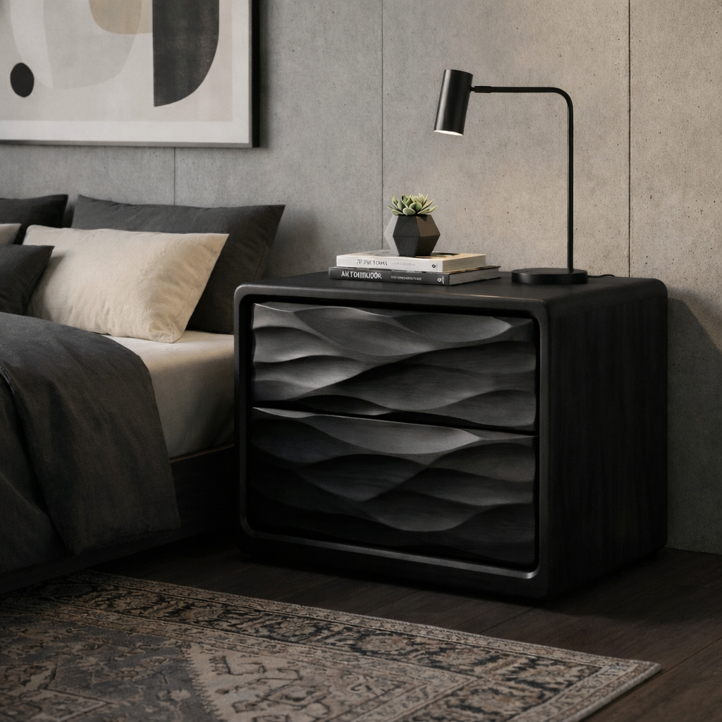 Solid Wood Nightstand with Wave Carved Drawers – Modern Walnut Bedside Table with Storage