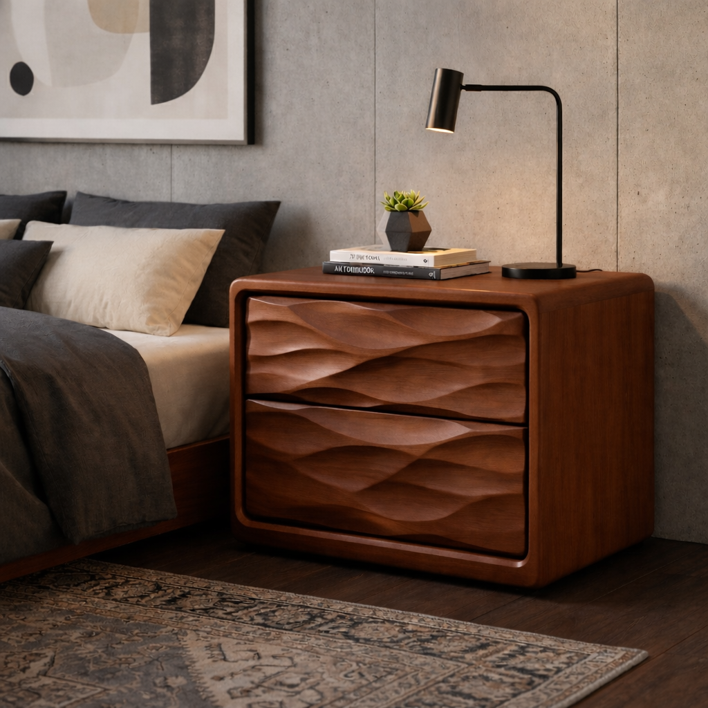 Solid Wood Nightstand with Wave Carved Drawers – Modern Walnut Bedside Table with Storage